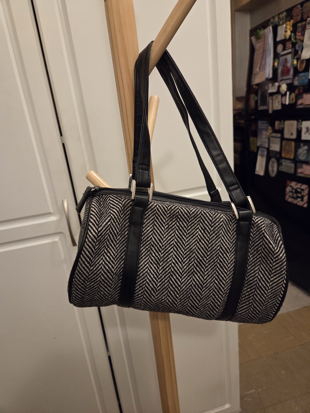 Old Navy Black and White Herringbone Shoulder Bag